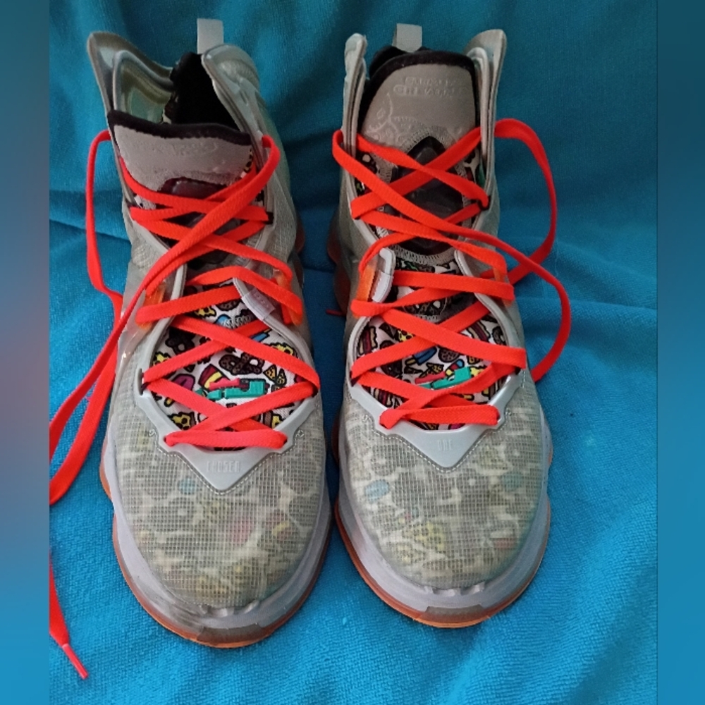 NIKE  LeBron 19 "Fast Food" Basketball Gray Sneakers with Bright Orange Laces
